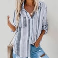 thumbnail image 4 of TIHLMK Long Sleeve Blouse Shirt Womens Fashion V Neck Striped Roll Up Sleeve Button Down Blouses Tops With Pocket Loose Shirt Gray, 4 of 9