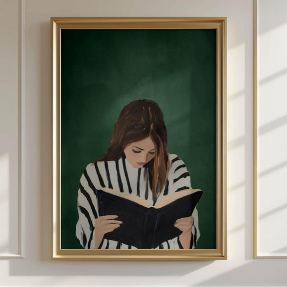 Emerald Green Woman Reading Wall Art, Reading Nook Decor, Stripe Female Print, Book Lover Gift, Abstract People, Dark Eclectic Decor Wall Art, Modern Wall Decor, 8x12 UNFRAMED