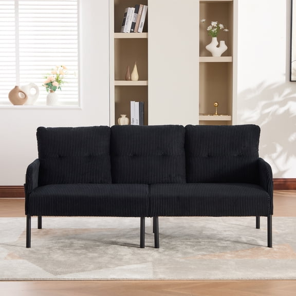 Nmkwnr 2 Seater Loveseat Sofa with Metal Legs and Side Pockets, Corduroy Upholstered Sofa Couch for Living Room, Bedroom, Apartment, Black