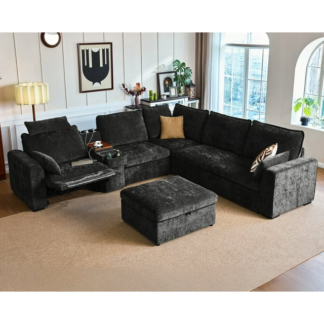 BEDEEP Canapé Inclinable Électrique 133,9 Pieds' avec Console d'Appui-tête, Canapé Sectionnel en Chenille Moduar Cloud avec Ottoman de Rangement, Canapé Convertible 6 Places pour Salon RV, Noir