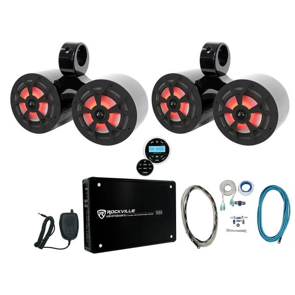 2 Rockville Dual 6.5" Marine Wakeboard LED Speakers Receiver Amplifier Amp Kit