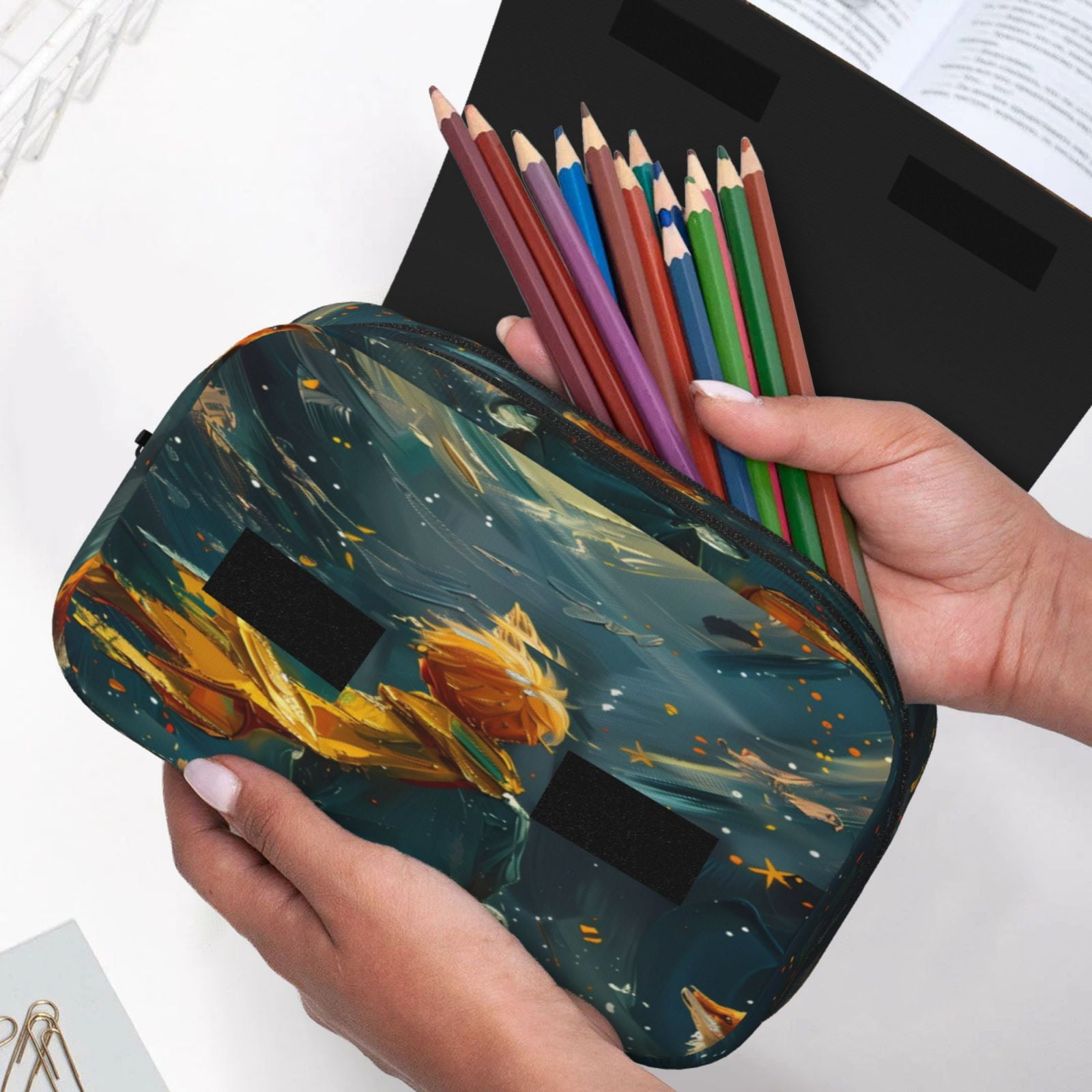 Rateoe Whimsical Starry Night Scene Pattern Double Clamshell Pen Case, Storage Organizer with Two Zipper Compartments– Holds Up to 50 Pencils & Pens