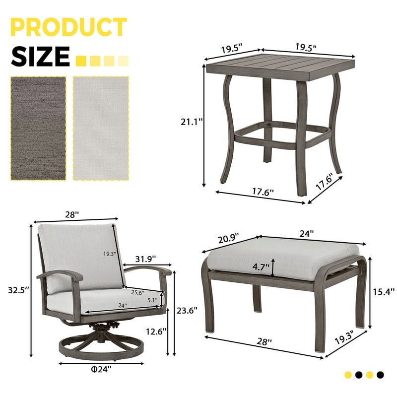 5 Piece Aluminum Outdoor Patio Furniture Set, Swivel Rocker Patio Chairs with Ottomans and Side Table, Balcony Furniture, Patio Conversation Set for Porch Garden