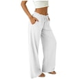 thumbnail image 5 of Miluxas Women's Paperbag Waist Wide Leg Pants Solid Color High Waist Drawstring Work Casual Trousers with Pockets for Vacation Travel White, 5 of 6