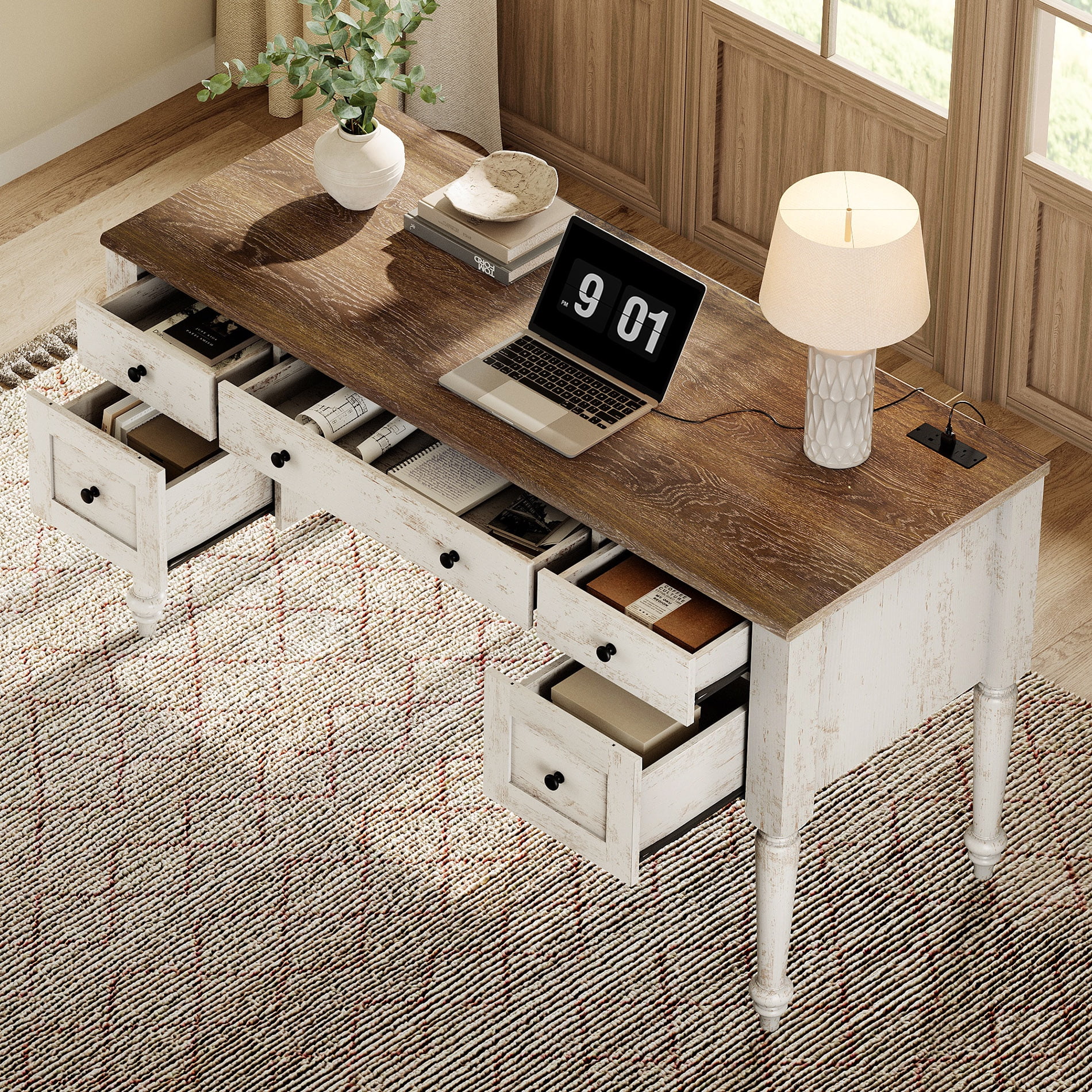 Farmhouse Executive Desk with Drawers, Office Desk with Power Outlet and 5 Drawers, Wood Computer Desk with Charging Function, File Drawer, Writing Desk for Home Office, Work, Study Room,Rustic White