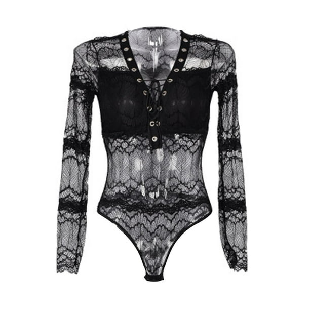 Lencería de encaje para mujer, Babydoll erótico con cuello en V, ropa de club encantadora, negro, S Noticed XX0182-01B