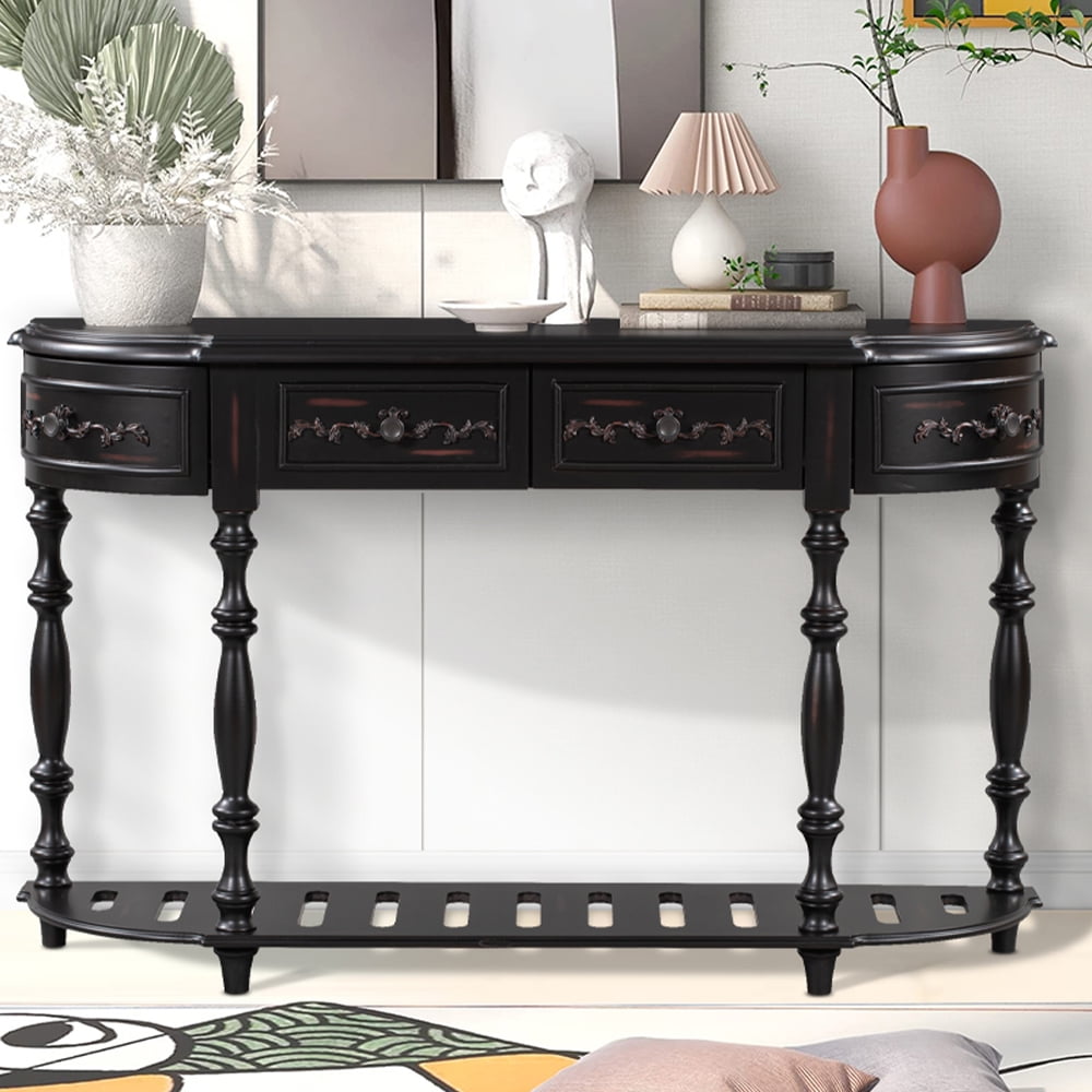 Black Console Table with 4 Drawers, Vintage Curved Entryway Table