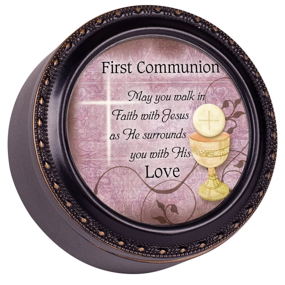 Cottage Garden First Communion May You Walk in Faith Black Rope Trim Petite Round Jewelry and Keepsake Box