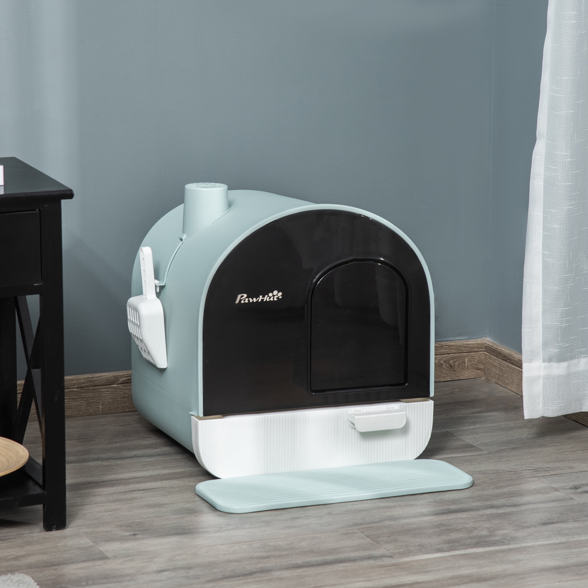 Cat Litter Box with Lid, Covered Hooded Litter Box with Tray, Scoop & Filter, Front Litter Mat, Green Enclosed Kitty Toilet, 17" x 17" x 18.5" for Small Cats & Kittens