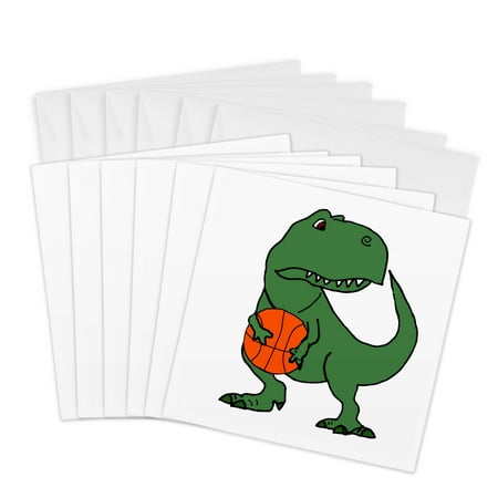 3dRose, Cool Humorous T-rex Dinosaur Playing Basketball Cartoon, 6 Greeting Cards with envelopes