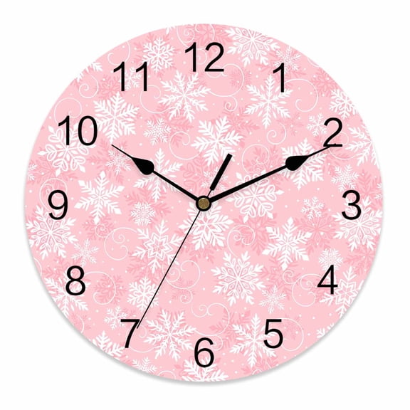 Wall Clock 10 Inch Pink Christmas Snowflakes Round Silent Decorative Wall Clocks Battery Operated for Living Room Bedroom Kitchen Classroom Decor, White Winter Snow,Small