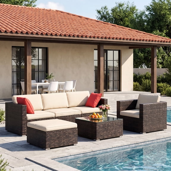 6-Piece Outdoor patio sofa set,Modular Sectional Sofa with Glass Coffee Table,PE Rattan Patio Conversation Set, All-Weather Furniture with Cushions & Pillows for Backyard, Deck(Brown-Beige)