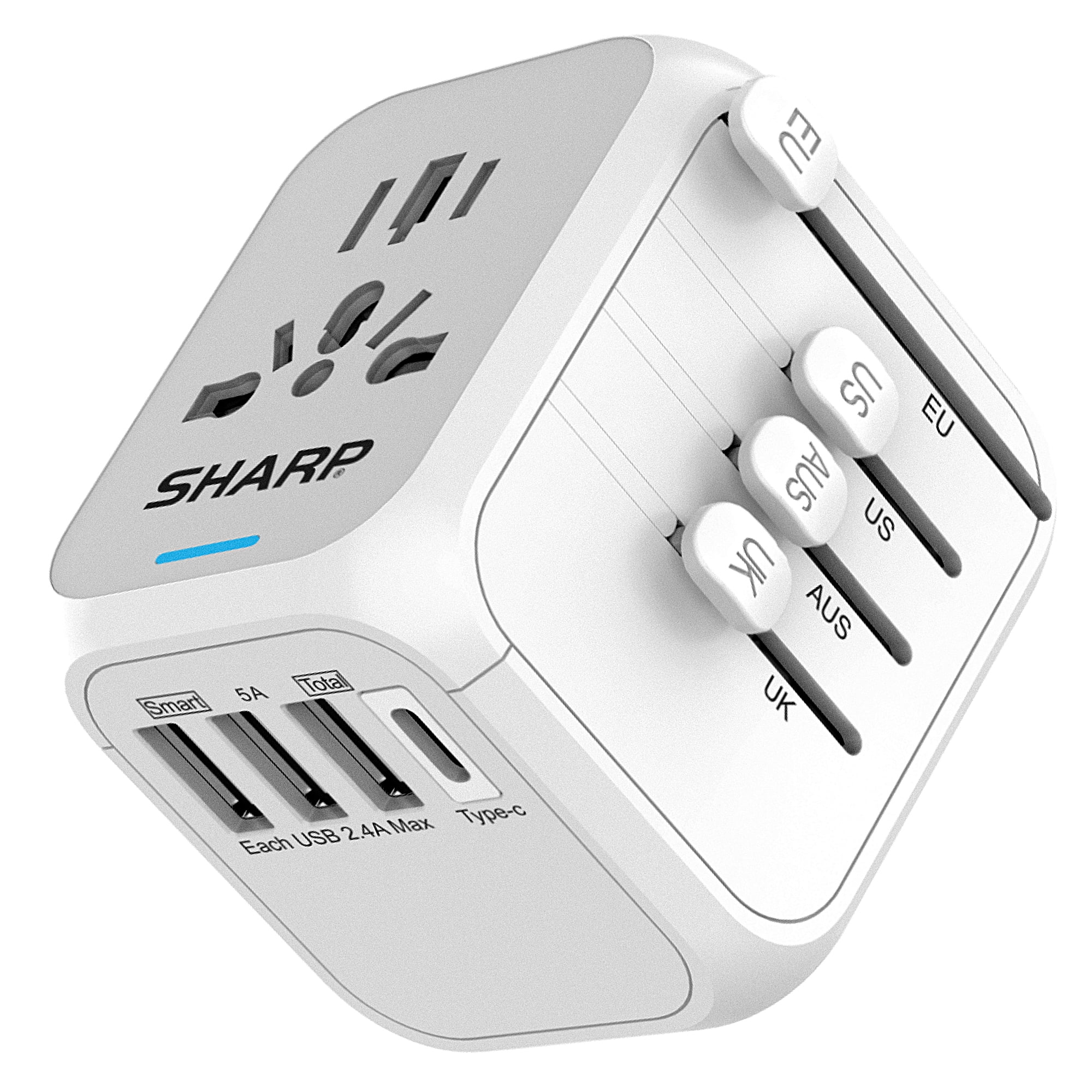 SHARP Universal Travel Adapter International Wall Charger Worldwide AC Plug Adaptor with 3 USB-A and 1 USB Type-C for USA EU UK AUS (White)
