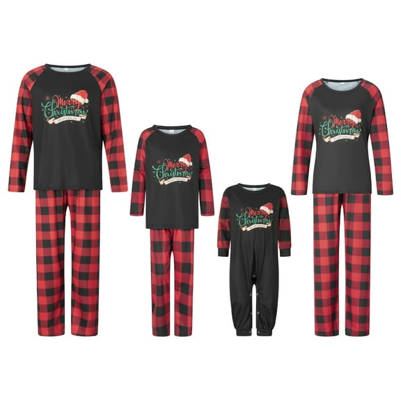 Elippeo Christmas Family Pajamas Matching Set Letter Santa Hat Print Long Sleeve Tops and Plaid Pants Sleepwear
