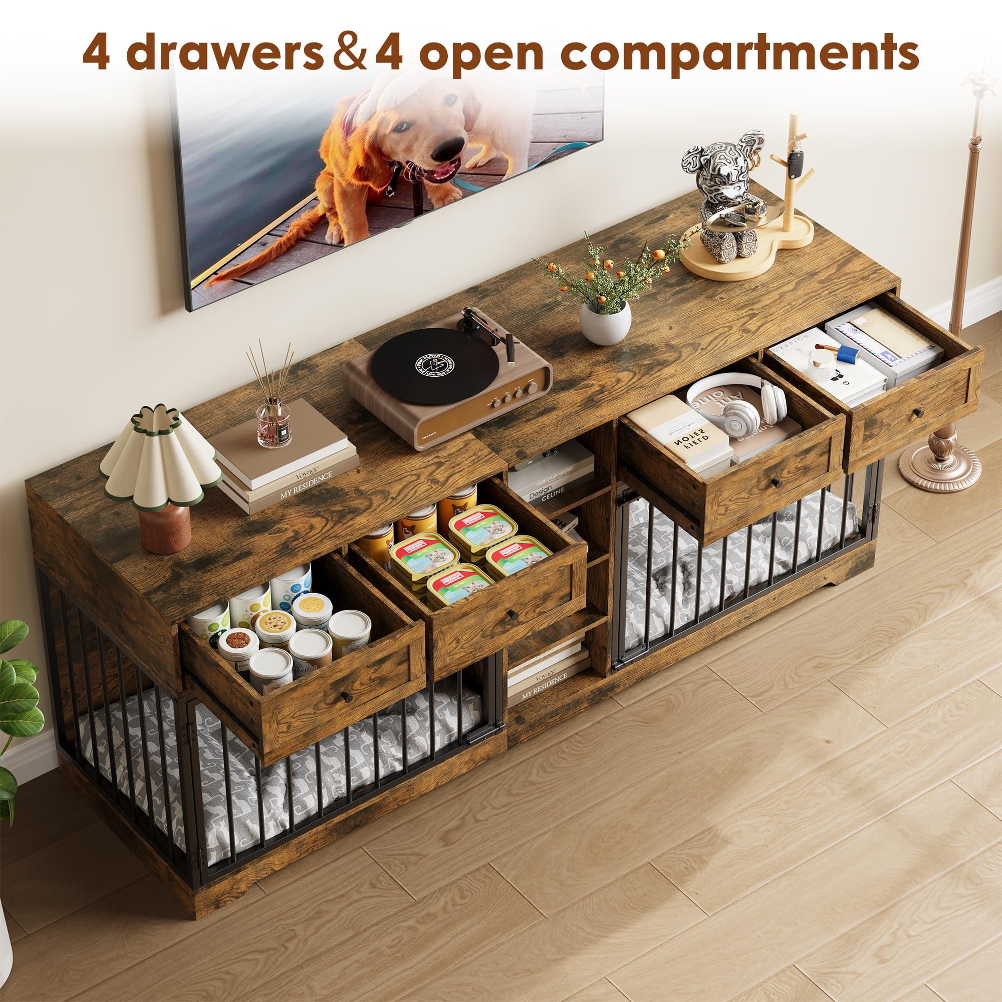 Yeshouse Large 82” Dog Crate for 2, Dog Kennel Furniture with Storage Drawers & Shelves, TV Console for Living Room