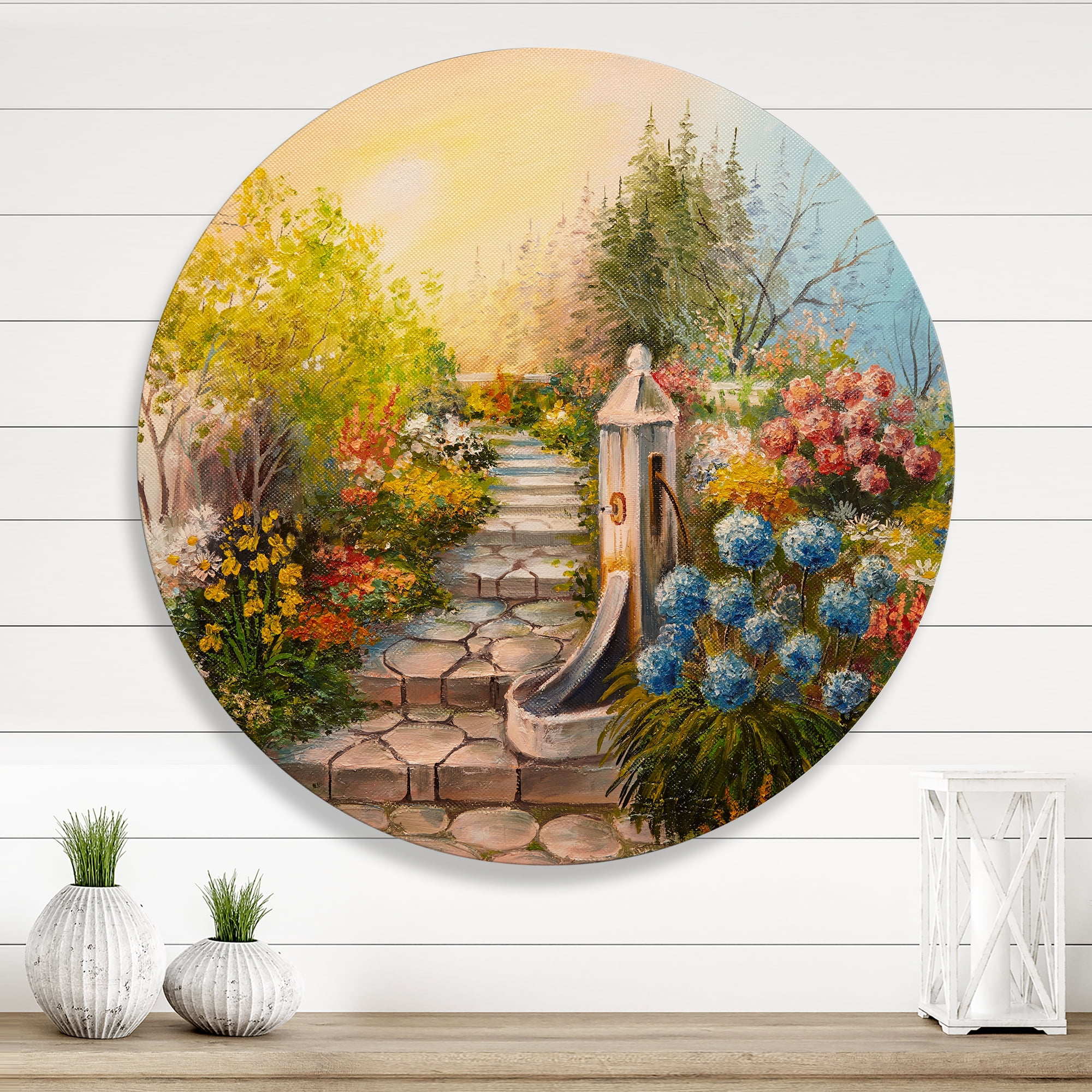 Designart 'Stone Stairs In The Blossoming Flowers Forest' Traditional Circle Metal Wall Art 11x11 - Disc of 11
