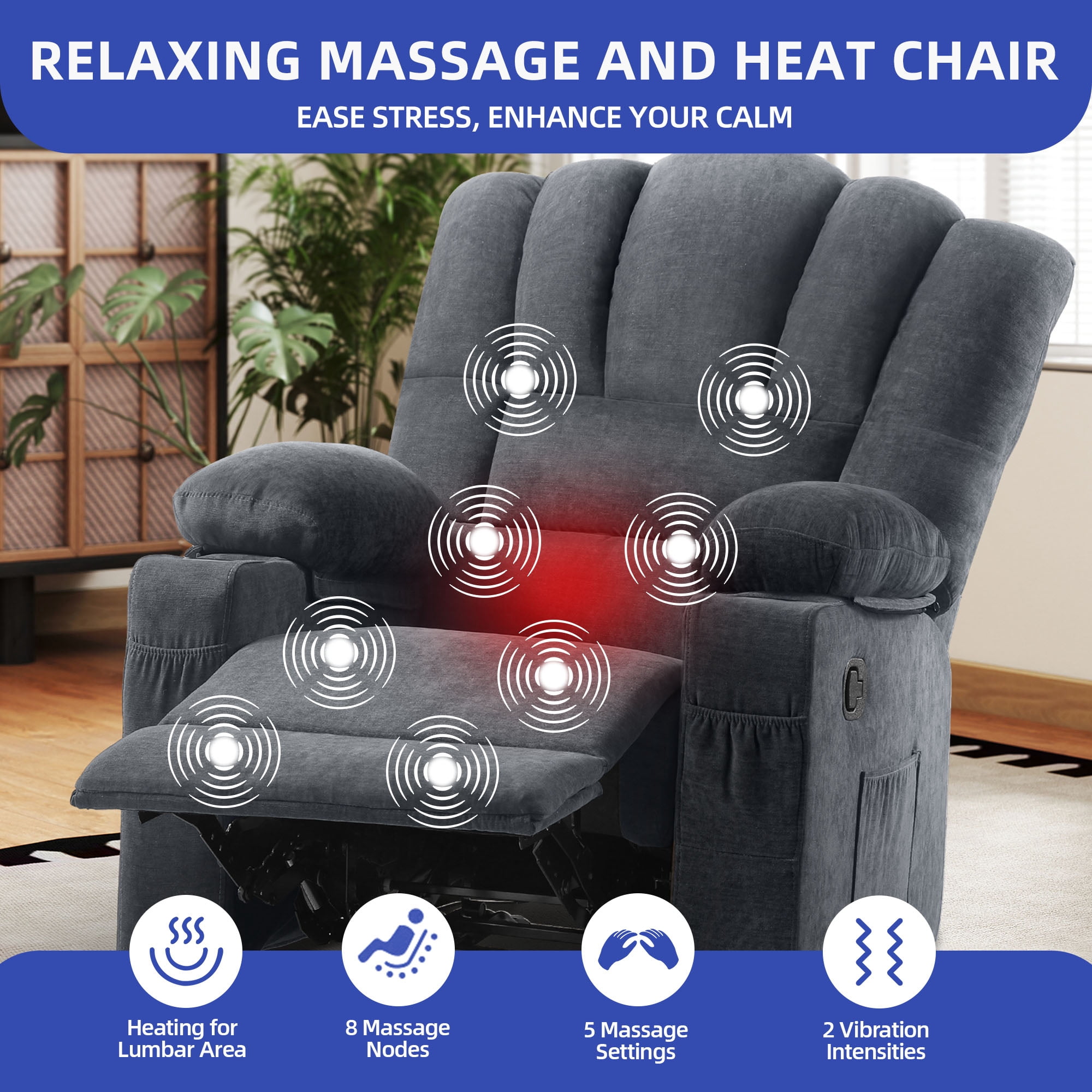 Uforic Gray Fabric Recliner Chair with Massage and Heat, Glider Rocker Recliner Chair, Manual Rocking Chair with 2 Integrated Cup Holders, USB Charging Port, and Handy Side Pocket