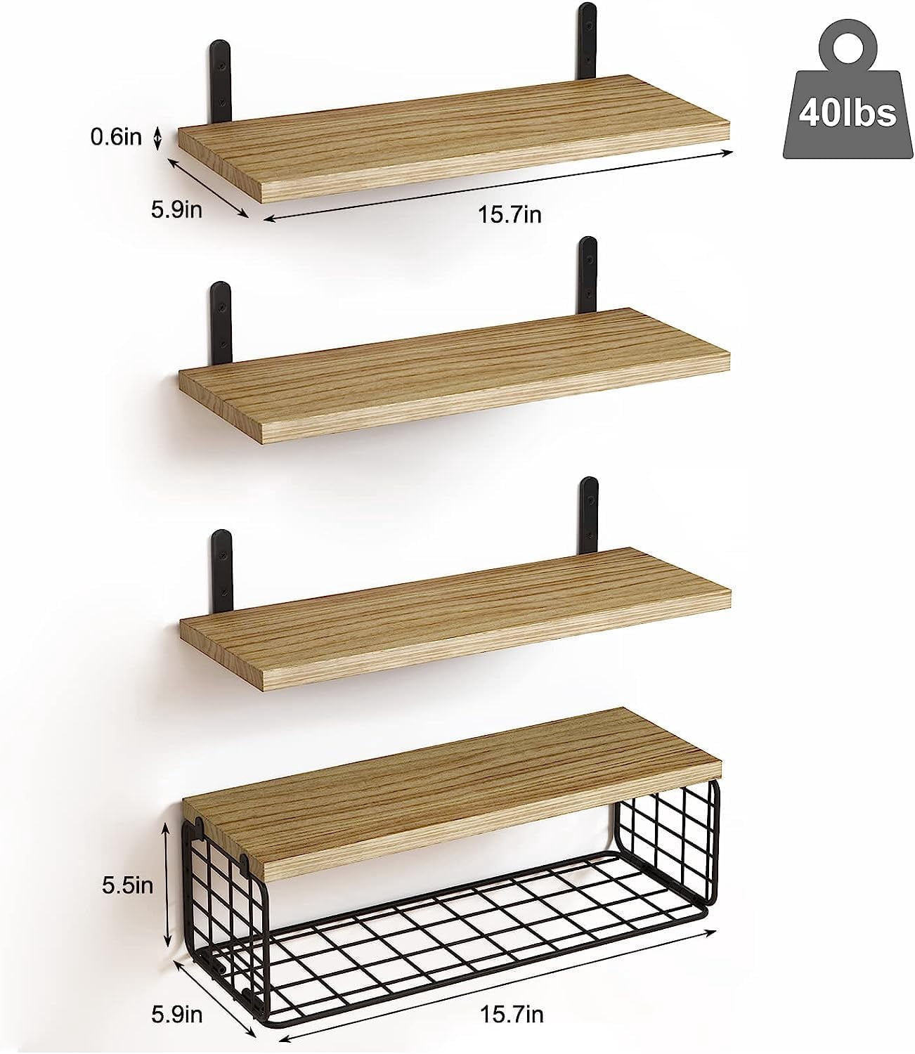 4+1 Tier Floating Shelves, Bathroom Shelves Over Toilet with Wire Storage Basket (Brown)