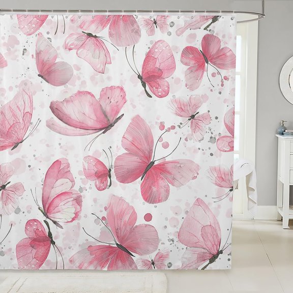 Pink Watercolor Butterfly Shower Curtain for Bathroom 71x71 inches