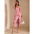 thumbnail image 4 of Pink Floral Ruched Wrap Midi Dress With High Slit And Spaghetti Straps For Wedding Bridesmaid Vacation, 4 of 7