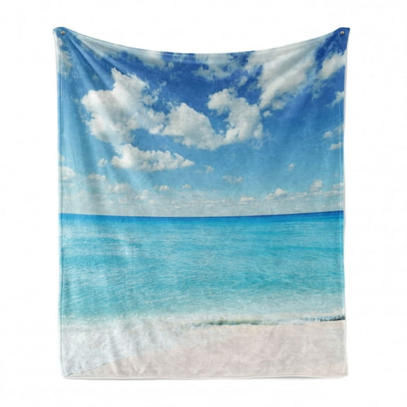 Tropical Soft Flannel Fleece Throw Blanket, Exotic Beach with Vivid Sky Sunny Day Holiday Relaxing Ocean Island Scenery, Cozy Plush for Indoor and Outdoor Use, 50" x 60", Sky Blue Aqua, by Ambesonne