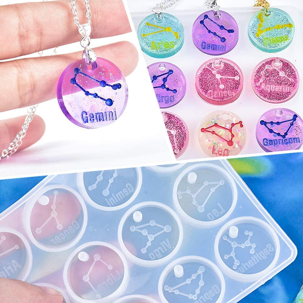 36pcs Twelve Zodiac Signs Silicone Molds Constellation Pendants Resin Casting Mold Kit of Three Styles with Sequins and Tools DIY