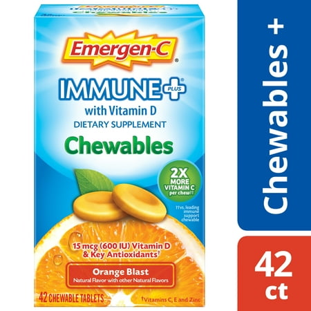 Emergen-C Immune+ Chewables System Support Dietary Supplement Tablet With 600 IU Vitamin D (Orange Blast Flavor, 42