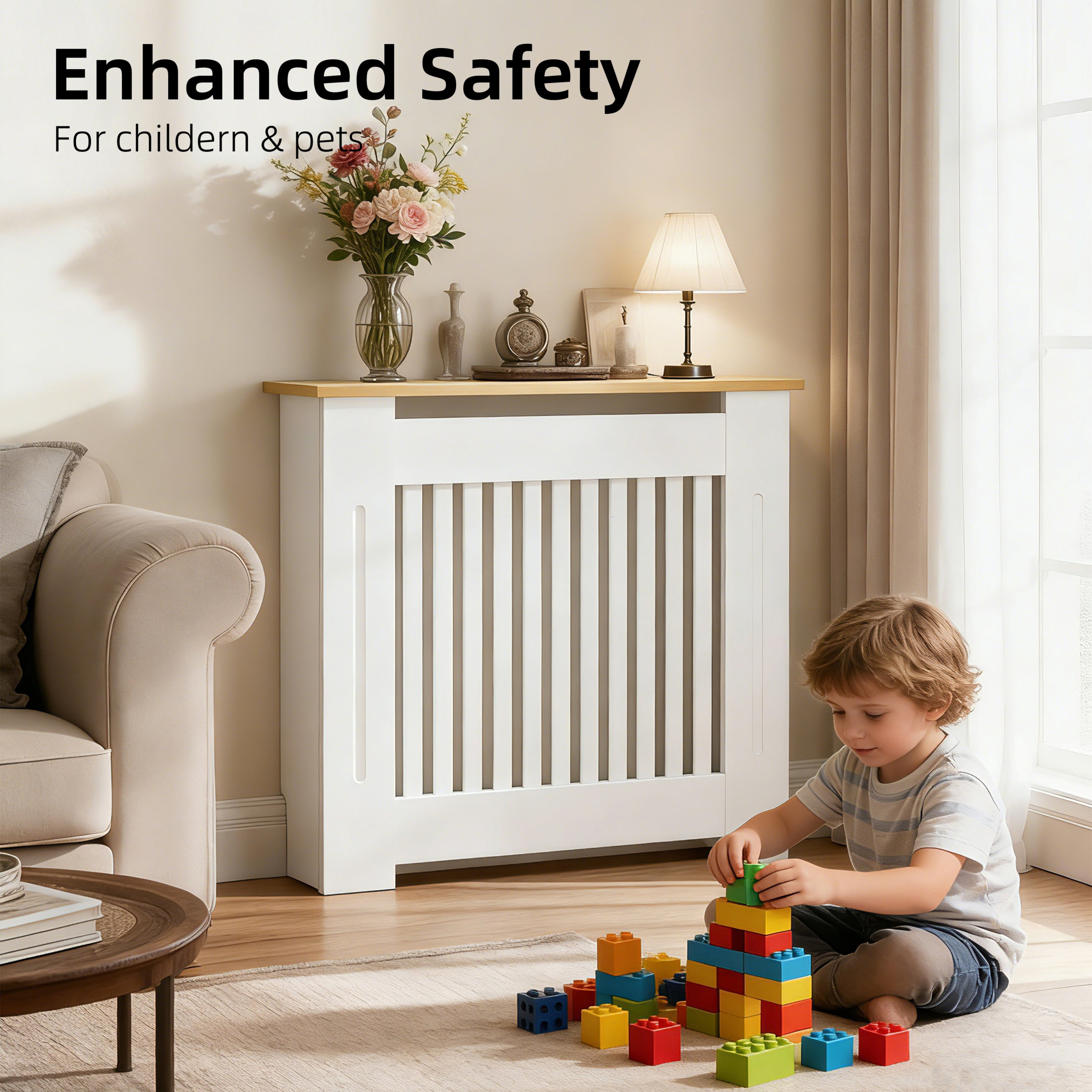 LUVODI 83cm High Modern Slatted Vertical White Radiator Cover with MDF Wood Top, Wood Grill Shelf