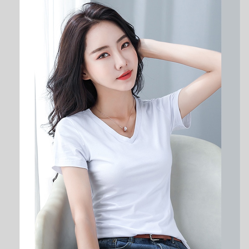 PIKADINGNIS Camisa Feminina V-Neck T Shirt Women Tops Short Sleeve T-Shirt  Female Cotton Tshirt Tees Korean Clothes Poleras Mujer