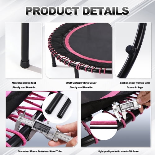 48 Inch Springless Mini Fitness Trampoline for Adults & Kids, 450lbs Capacity Quiet Rebounder with Bungee Ropes, Low Impact Indoor/Outdoor Exercise Equipment, Cardio Jumping Trainer for Home Gym Pink