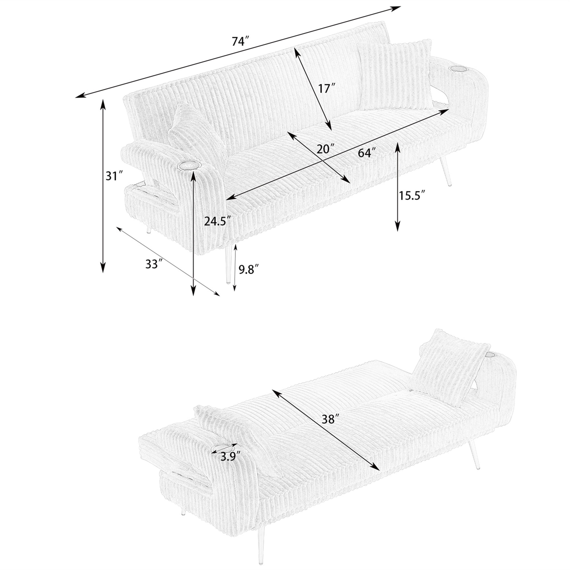 Aukfa Corduroy Futon Convertible Sofa Bed, Pink