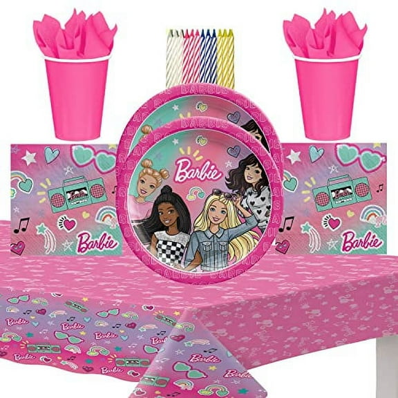 Barbie Dream Together Party Supplies Pack Serves 16: 7" Dessert Plates Beverage Napkins Cups and Table Cover with LLILYKAI Birthday Candles