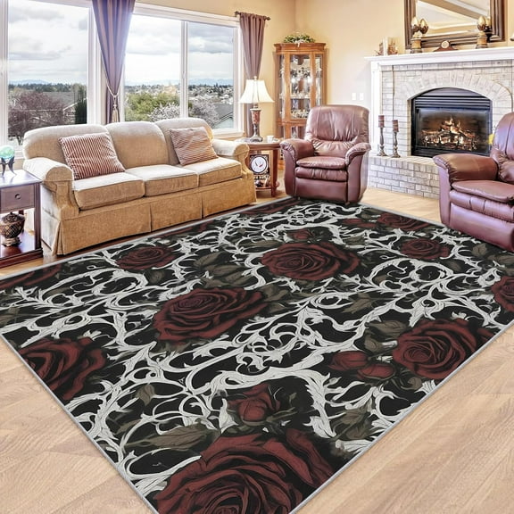 Dark Rose Rug, Washable Rose Floral Rugs For Living Room Bedroom, Red Flower Area Rug For Home Decor, Non Slip Backing Floor Carpet 5x6ft