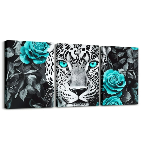 Cheetah Canvas Wall Art Set of 3,Turquoise Rose Framed Wall Art Black White Grey Leopard Print Wall Decor Living Room,Western Animals Poster Prints Artwork for Walls Flowers Hang Pictures Home Decor