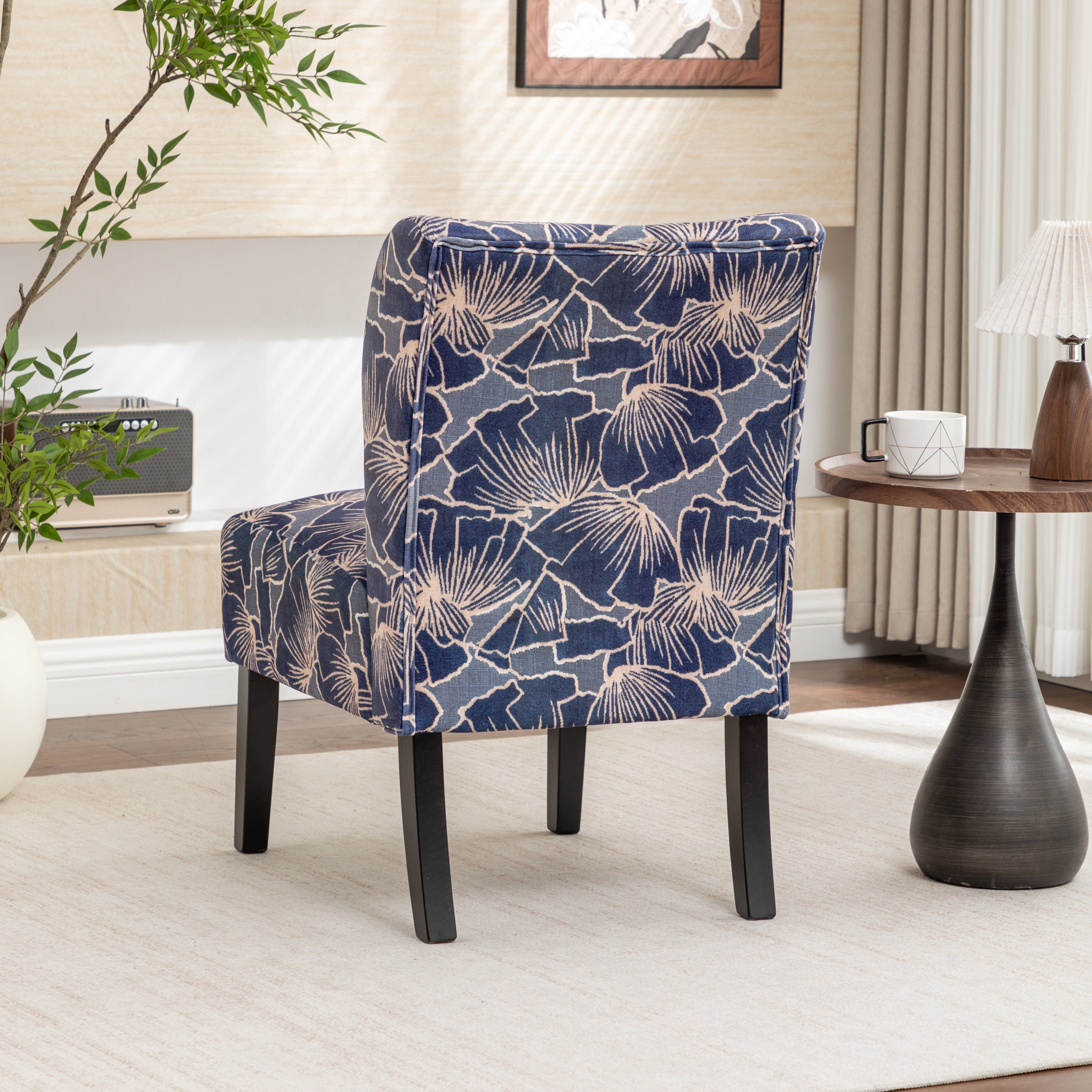 Roundhill Furniture Capa Print Fabric Armless Contemporary Accent Chair, Indigo Botanical Floral