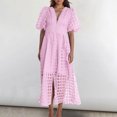 thumbnail image 2 of Mikilon Robes d'Été pour Femmes Ensemble Jupe Aguichant Lanterne Manches Courtes Robe à Carreaux Aguichant Col en V Profond Robes de Soirée Mode Décontractée Taille Haute Unie avec Fente Rose TP, 2 of 6