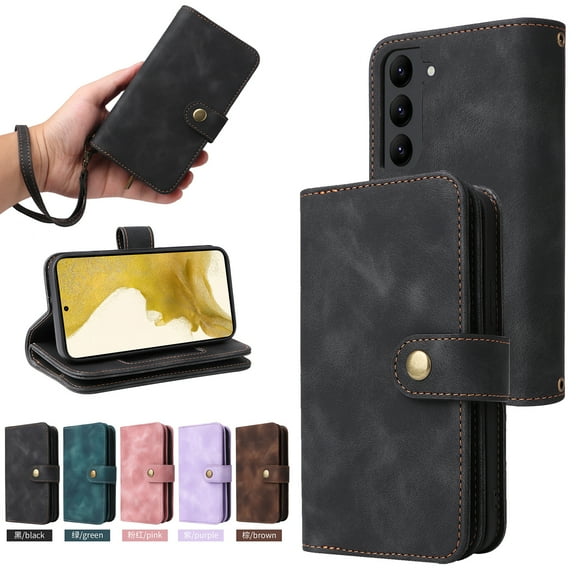 SaniMore with Samsung Galaxy S23 Plus Wallet Case, PU Leather Multi-Function Detachable 2 in 1 Zipper Magnetic Cover with Card Holder Kickstand Wirstlet Shoulder Strap Crossbody Phone Case, Black