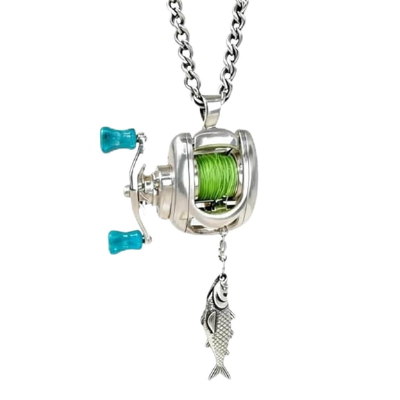 Mini Fishing Reel Necklace with Rotating Handle and Moving Line Guide,Generic Rotating Handle Fishing Reel Pendant Simulate a Small Fish Taking the Bait,Unique Fishing Gear Pendant for Anglers