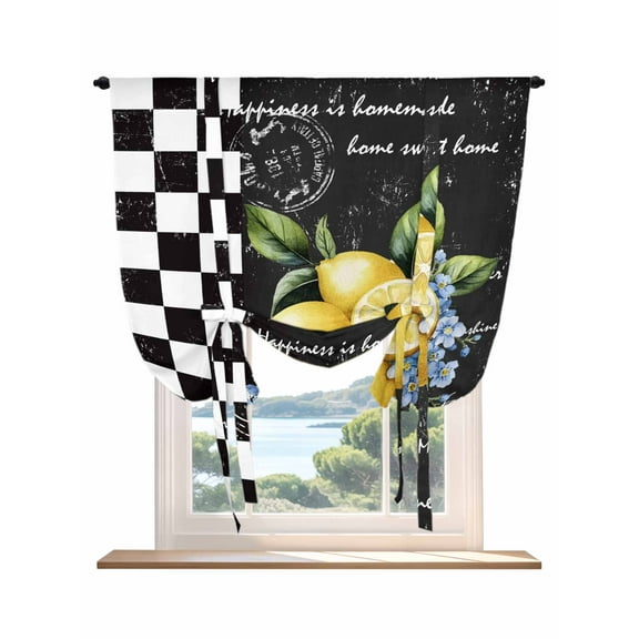 Lemon Tie Up Curtains for Windows 54 Inch Length Balloon Curtains Kitchen Adjustable Balloon Window Shade Spring Summer Black White Checkered Plaid Tie Up Valance Bathroom Curtain Window 42"x54"