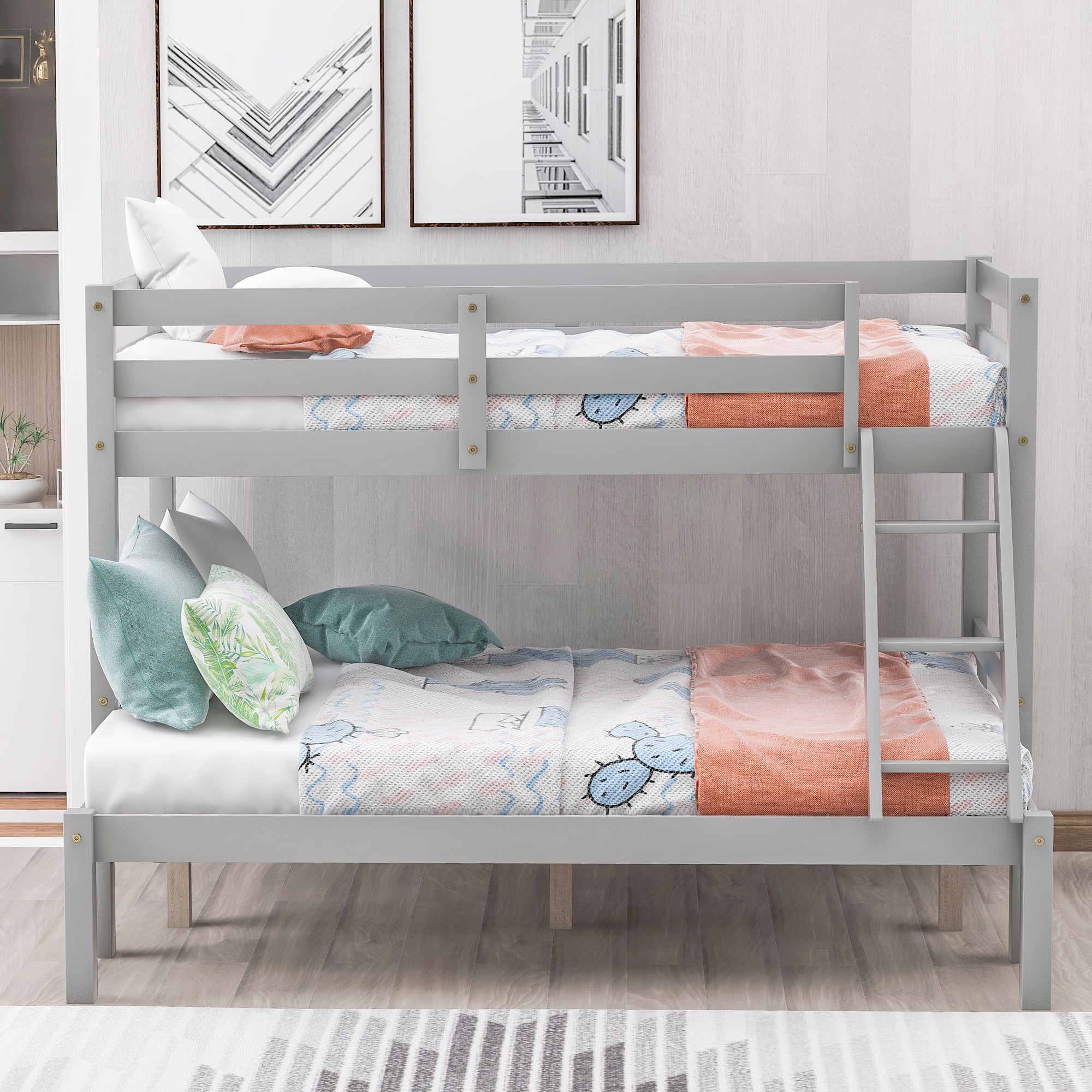 Lowestbest Solid Wood Twin-Over-Full Bunk Beds with Ladder, Gray Lowestbest Solid Wood Twin-Over-Full Bunk Beds with Ladder, Gray