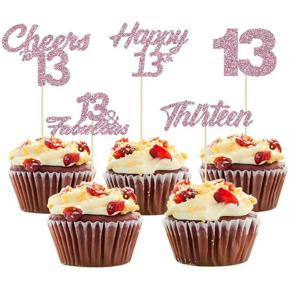 12pcs Pink Glitter Happy 13th Birthday Cupcake Toppers Cheers to 13 Years Cupcake Picks 13 & Fabulous Cake Decorations for 13th Birthday Anniversary Party Supplies