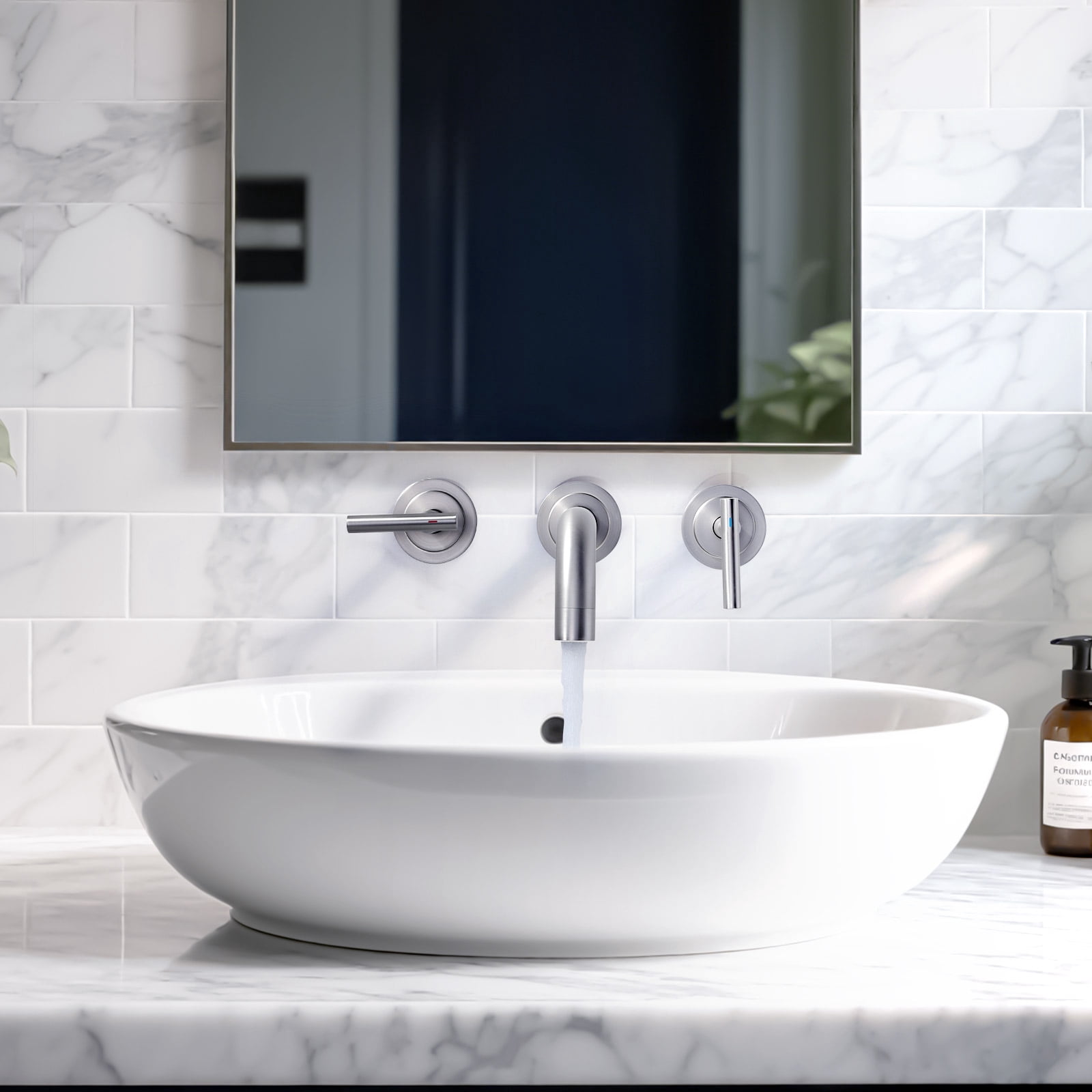 Double Handle Wall Mounted Bathroom Faucet with Rough-in Valve Included in Solid Brass Brushed Nickel