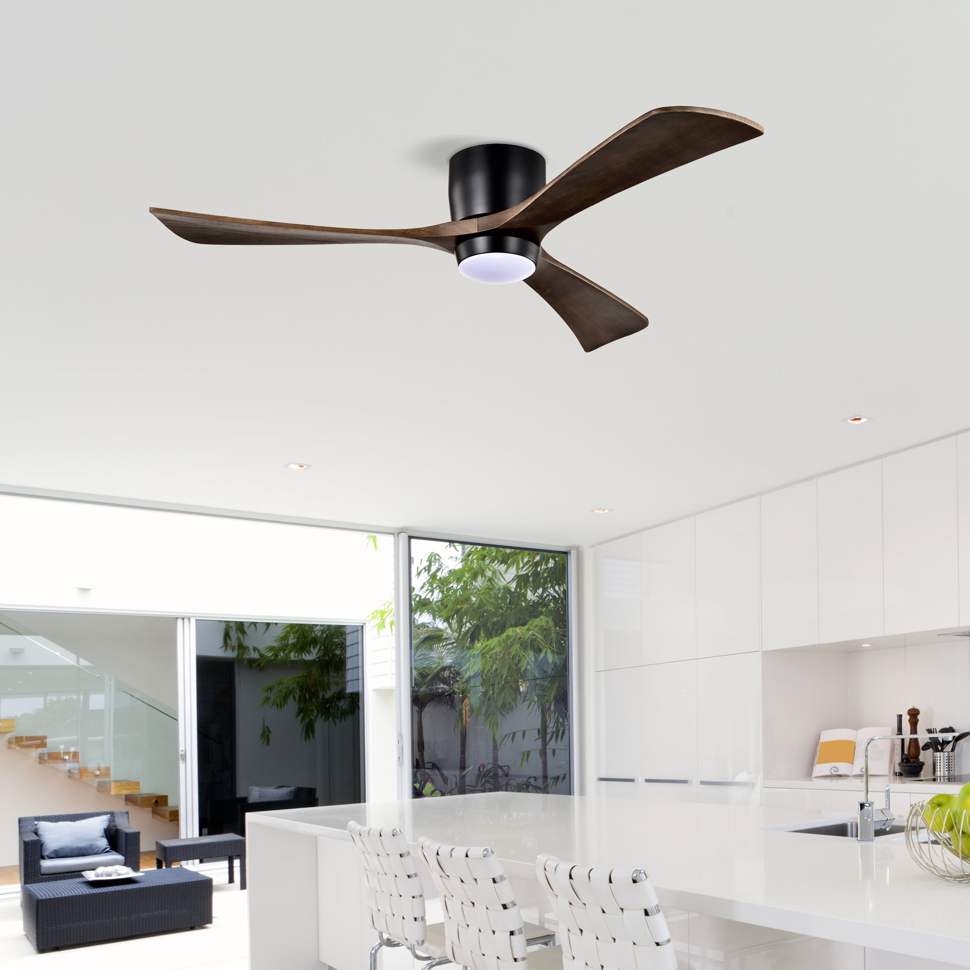 Leumius 52" Flush Mount Solid Wood Blades Ceiling Fan with Light and Remote Control,Quiet DC Motor 6 Speed Levels,Reversible for Patio Living Room Bedroom Office Black