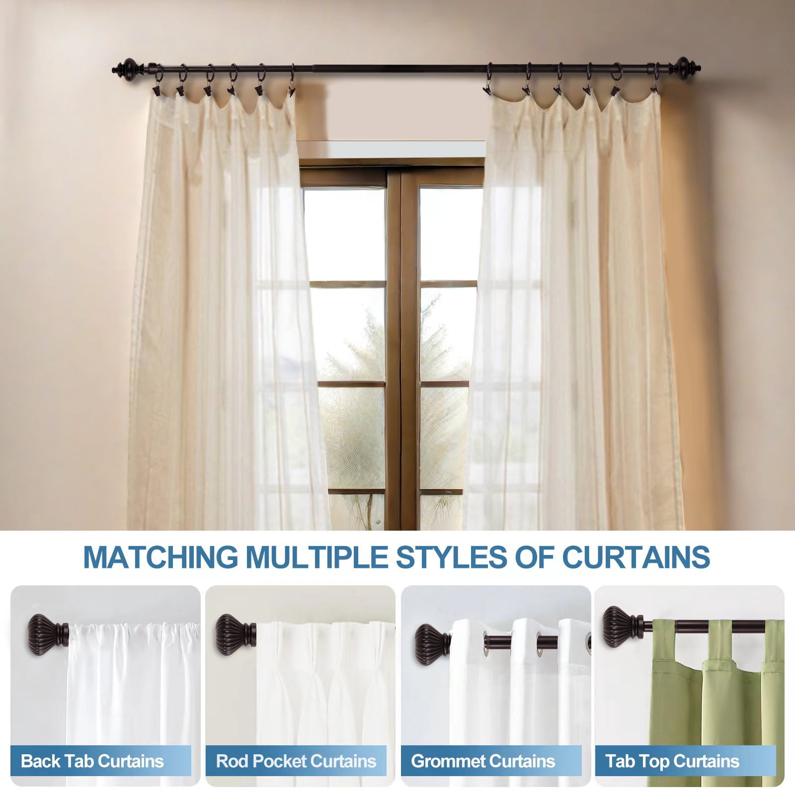 Urbanest Round Urn Curtain Rod Set With 24 Rings, 5/8", 84"-120", Bronze