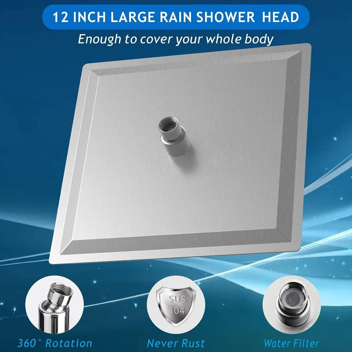 Zovajonia  12" Square Stainless Steel Rain Shower Head Large Brushed Nickel High Pressure