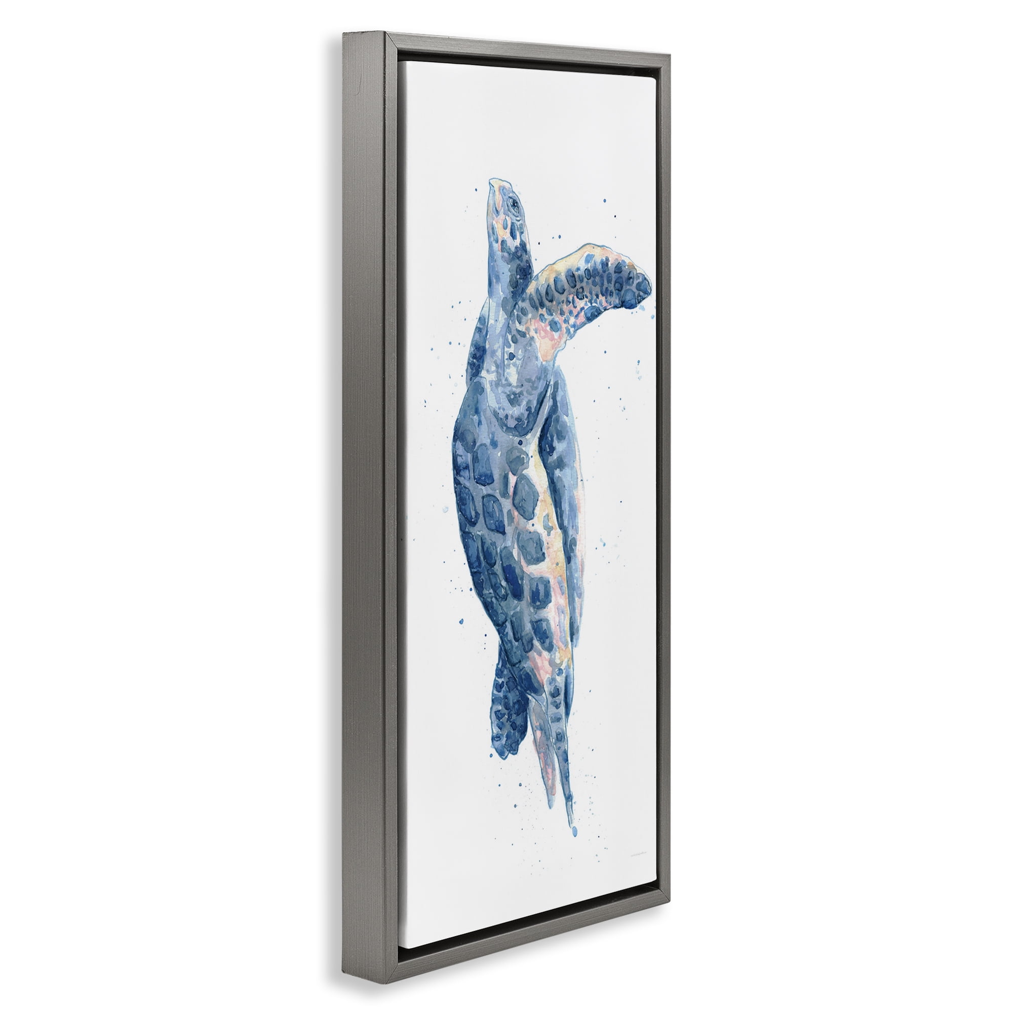 Stupell Industries Blue Turtle Swimming Animals & Insects Painting Gray Floater Framed Canvas Art Print Wall Art, 15 x 31