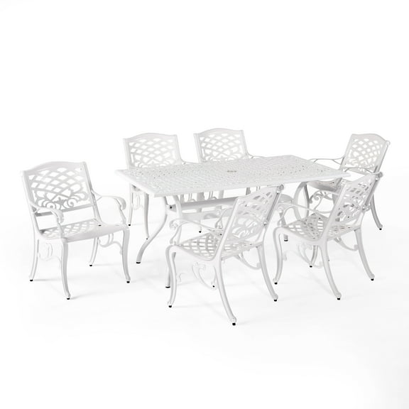 Kieran Traditional Outdoor Aluminum 7 Piece Dining Set, White