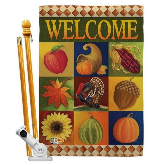 Breeze Decor BD-HA-HS-113046-IP-BO-D-US12-AM 28 x 40 in. Autumn Collage Fall Harvest & Impressions Decorative Vertical Double Sided House Flag Set with Pole Bracket Hardware