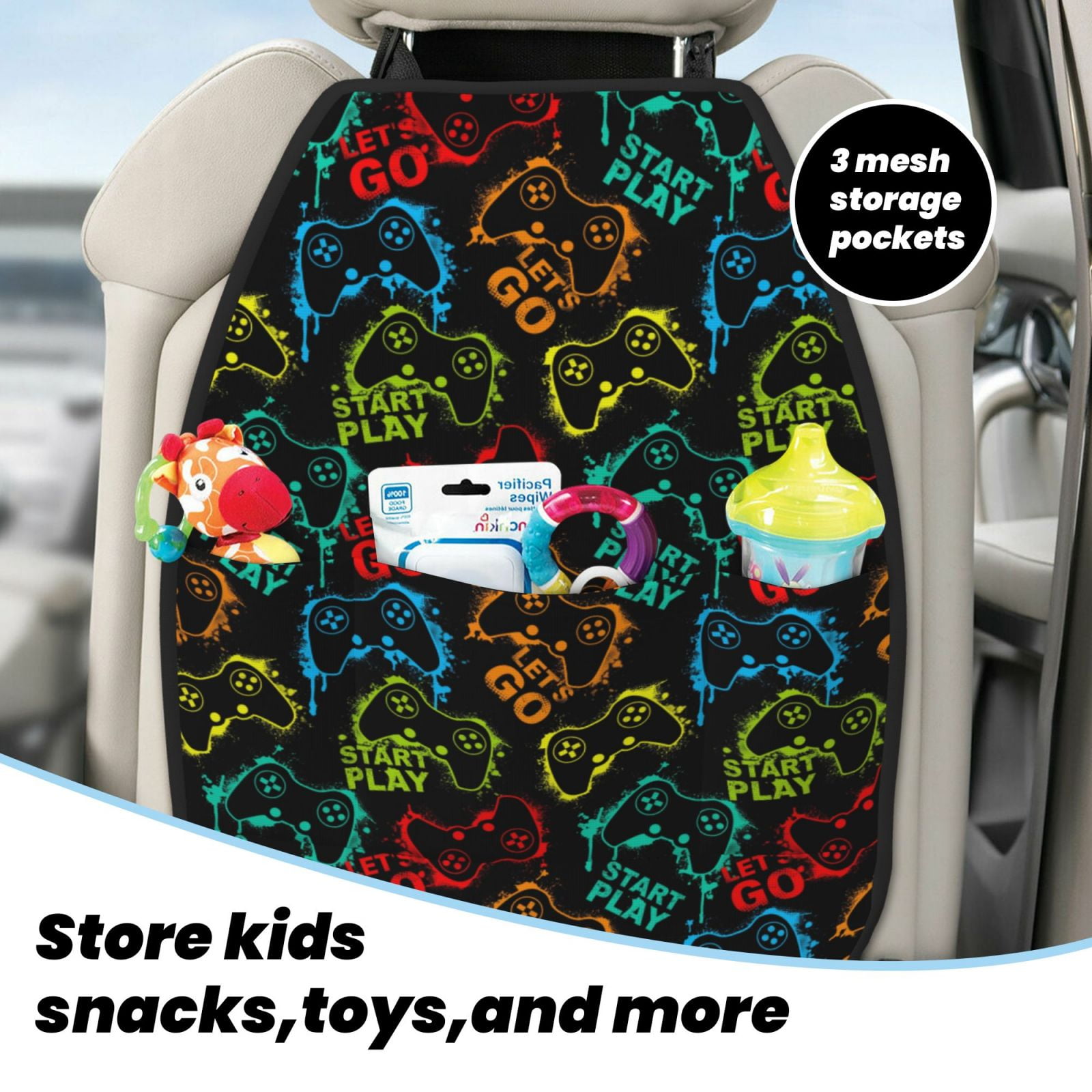 Xecao Play Game Start Pattern Car Seat Back Protector 2 Pack Large Capacity Pocket, Kick Mats Back Seat Protector