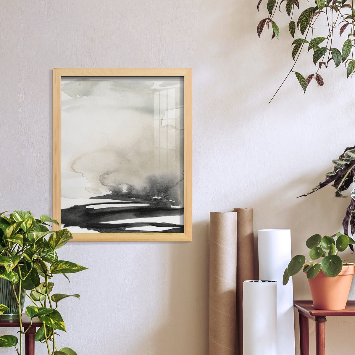 Ebony Horizon Triptych I - Framed Print w/glass - Natural Wood